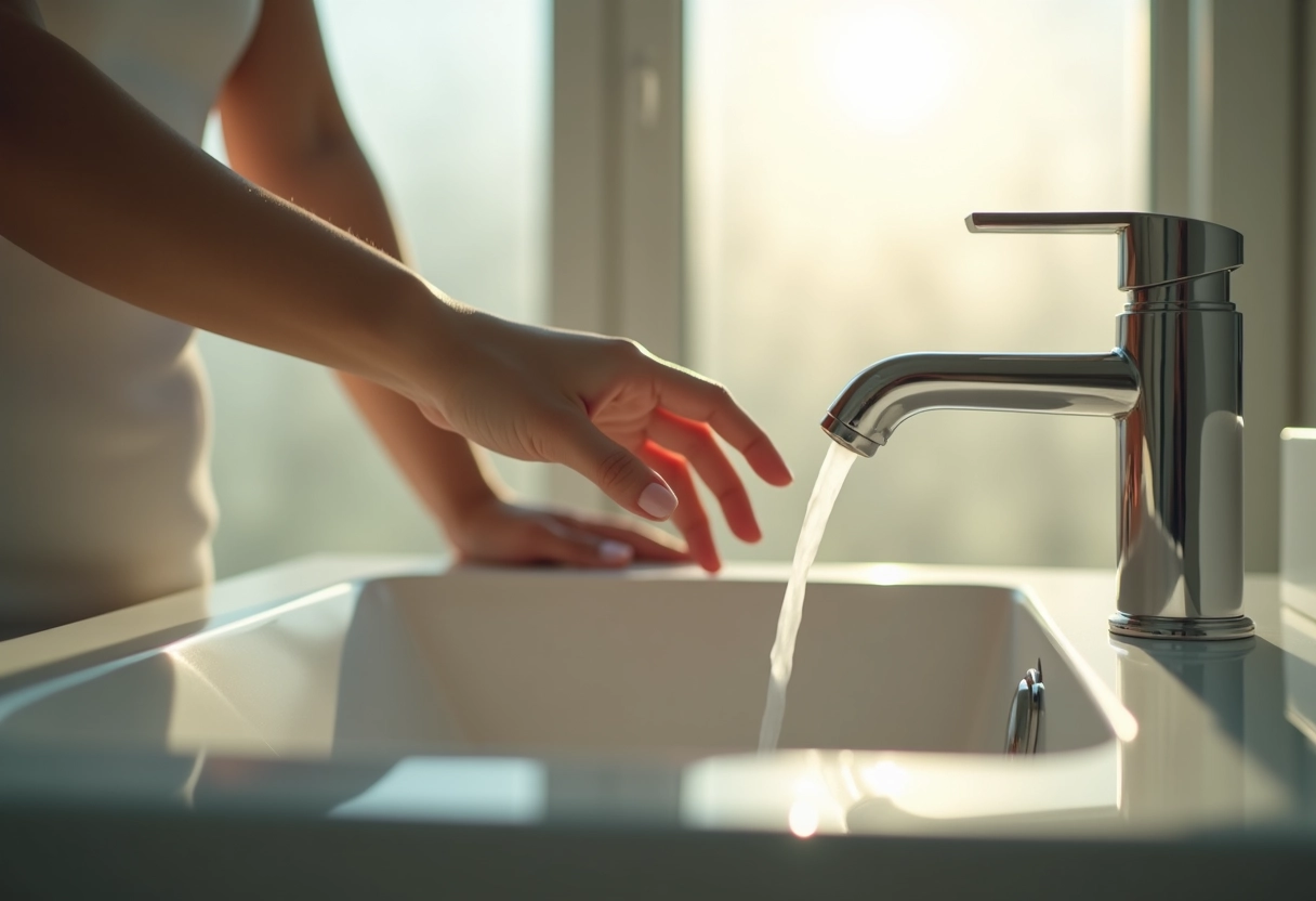 Main délicate atteignant le robinet dans une salle de bain lumineuse