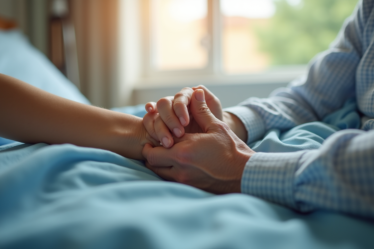 Main d'une personne agee tenue par une main plus jeune dans un lit d'hopital