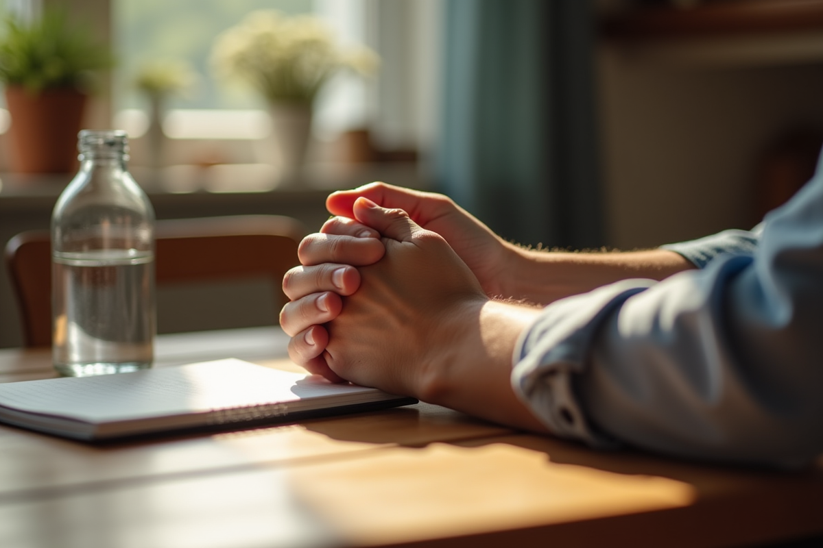 Mains entrelacees sur une table en cuisine