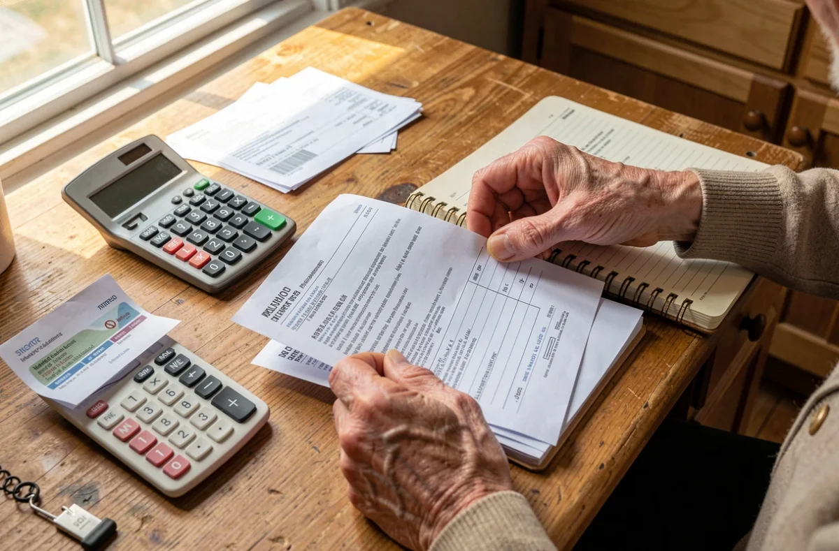 Mains triant des documents de ressources et une calculatrice sur une table