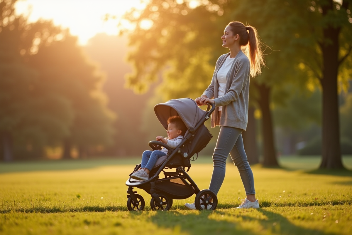 Maman marche dans un parc ensoleille avec sa poussette