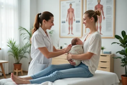 Maman et osteopathe en consultation dans une clinique lumineuse