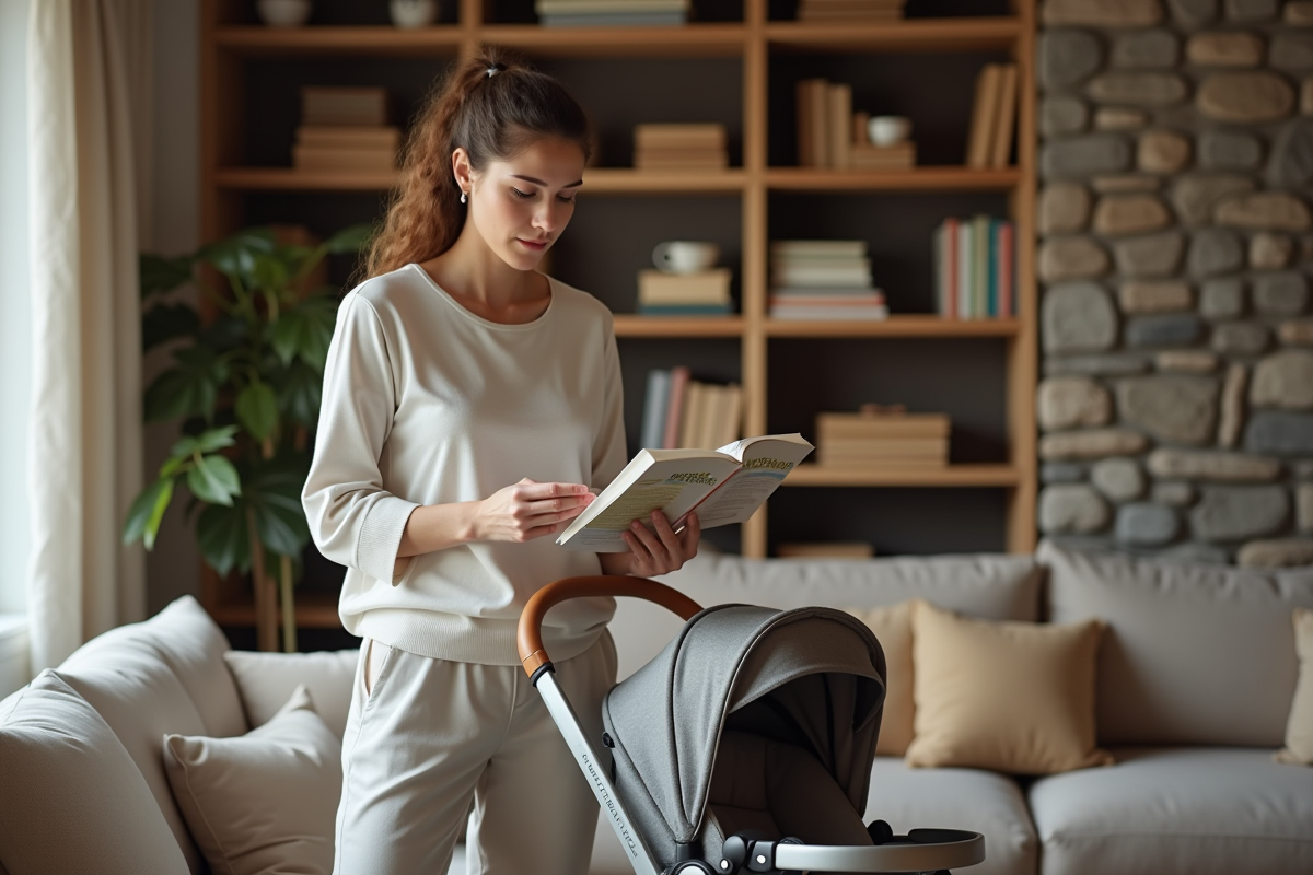 Jeune maman lisant un guide nutrition dans le salon