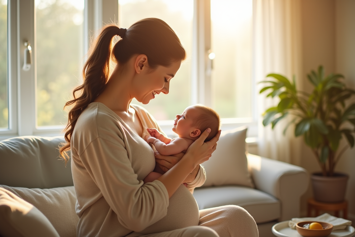 Jeune maman dans un salon lumineux avec son bébé nouveau-né