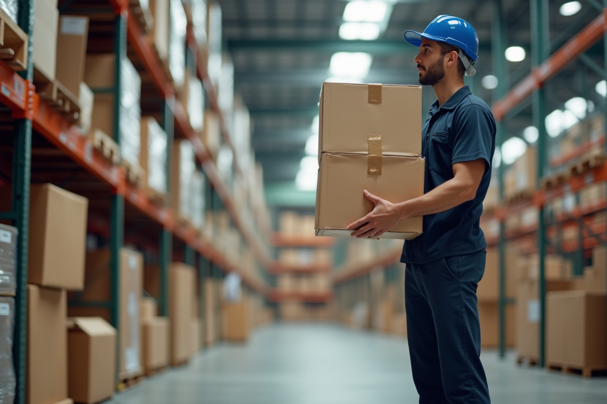Employe soulevant une caisse en respectant la posture ergonomique