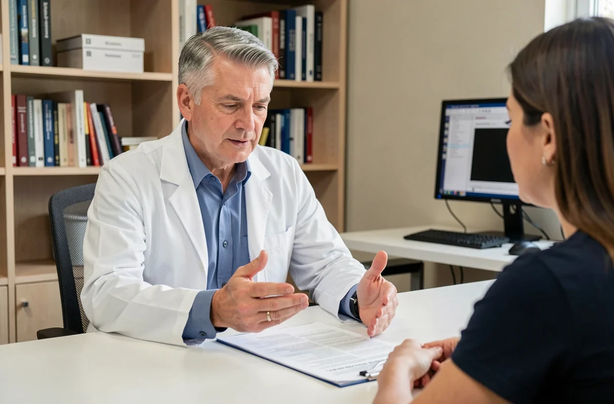Médecin généraliste en consultation expliquant les effets secondaires d'un traitement antidépresseur à un patient