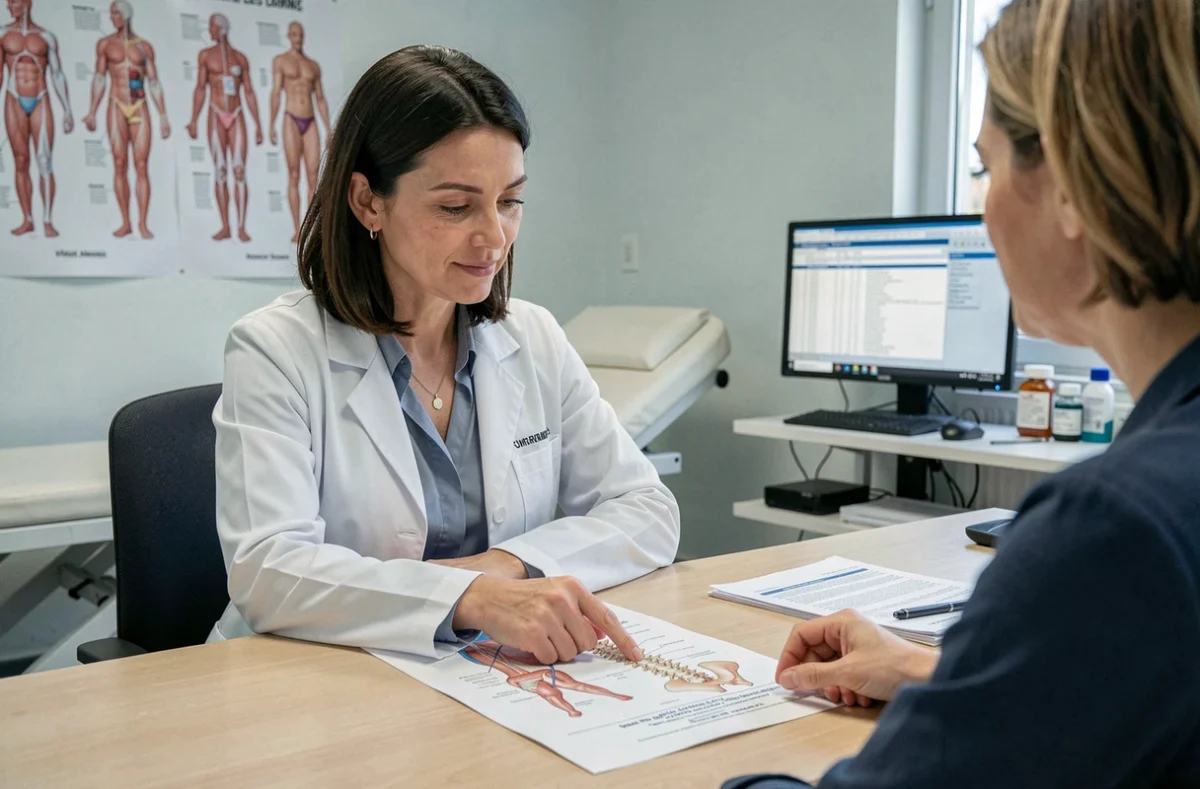 Médecin expliquant une discopathie dégénérative à un patient lors d'une consultation pour constituer un dossier AAH