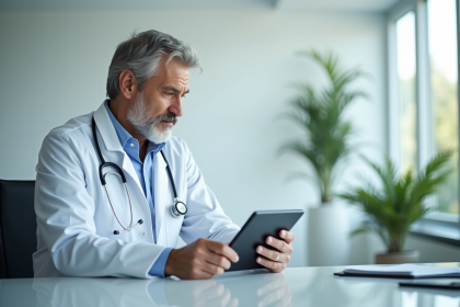 Medecin en blouse blanche examine dossiers de sante digitales