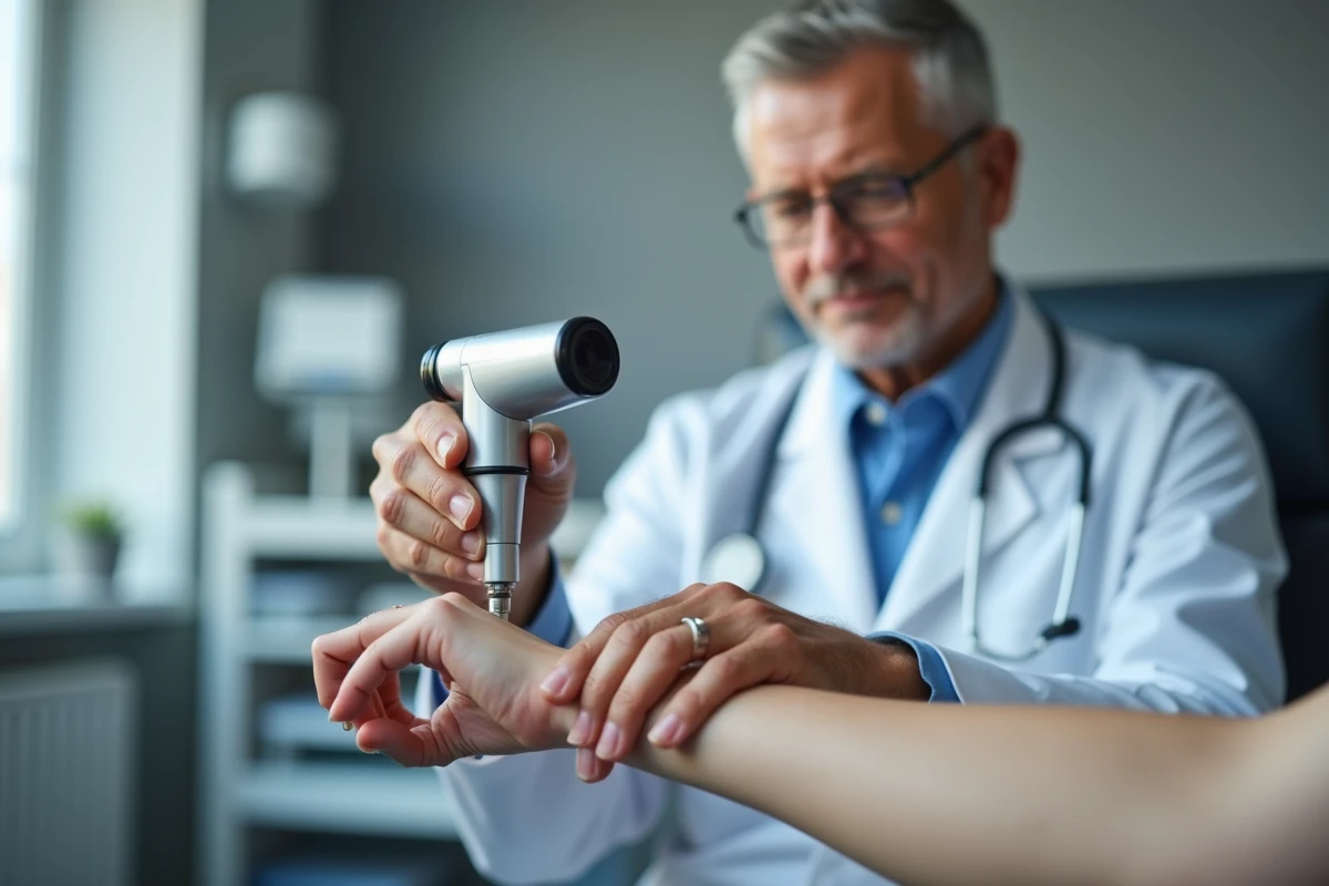 Médecin dermatologue examinant la peau d'un patient à l'aide d'un dermatoscope lors d'une consultation médicale pour démangeaisons chroniques