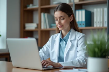Jeune medecin femme au bureau avec ordinateur