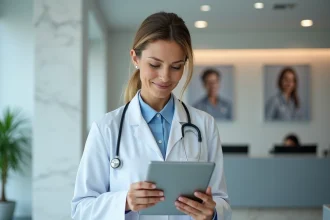 Medecin femme en blouse blanche consulte dossiers numeriques