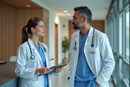 Medecin homme en h&ocirc;pital avec infirmiere en discussion