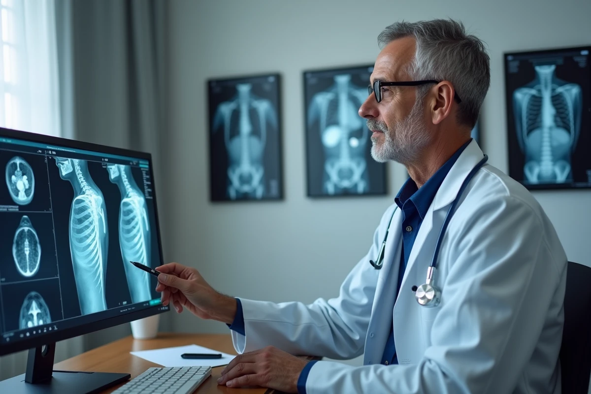 Médecin orthopédiste analysant une IRM de l'épaule montrant une fissure du tendon supra épineux pour évaluer un traitement sans chirurgie