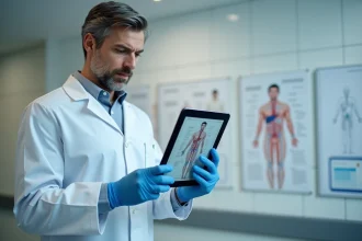 Médecin tenant une tablette affichant le système circulatoire humain pour expliquer le volume sanguin selon la morphologie