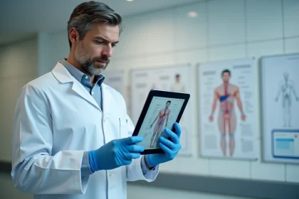 Médecin tenant une tablette affichant le système circulatoire humain pour expliquer le volume sanguin selon la morphologie