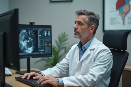 M&eacute;decin homme en consultation avec image d'ultrasons du foie
