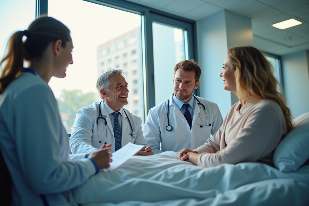 Groupe de medecins discutant avec un patient dans une salle moderne