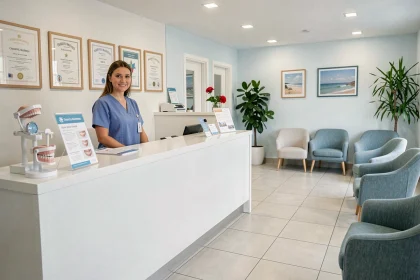 Salle d'attente moderne d'un cabinet d'orthodontie en Charente-Maritime avec accueil chaleureux