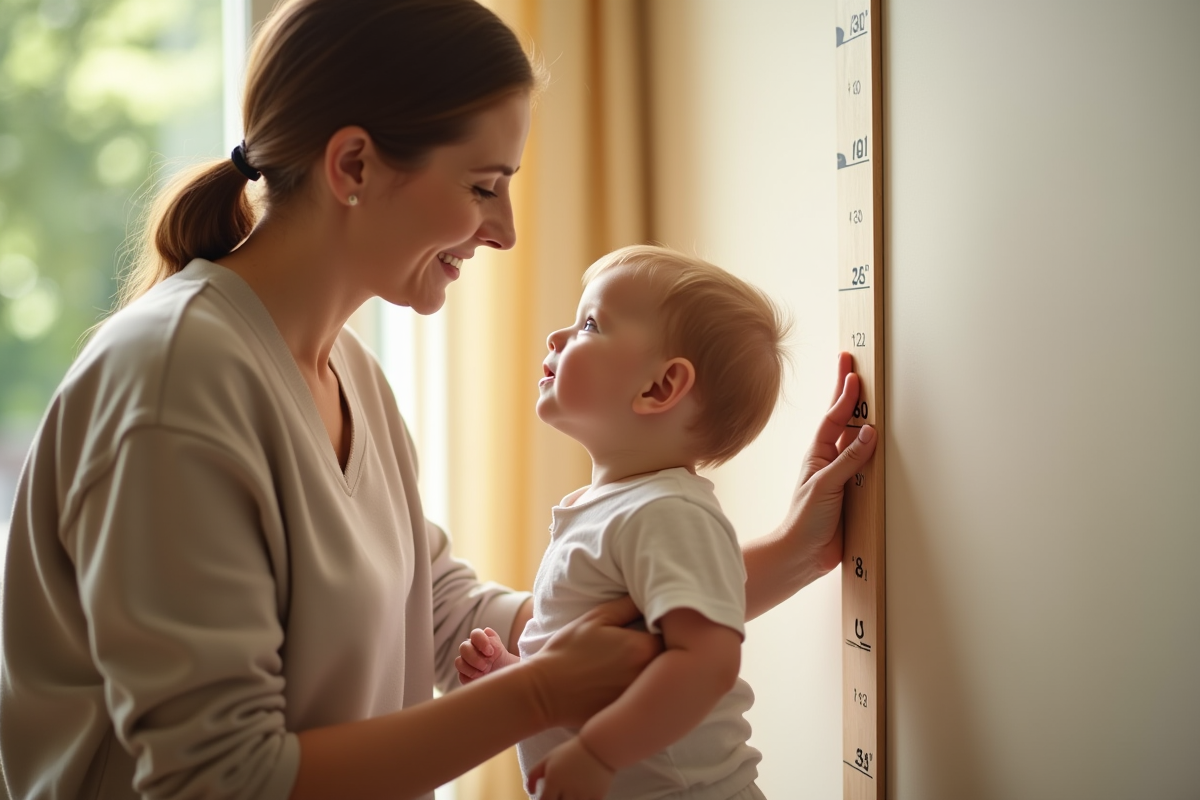 Parent mesurant la hauteur de bébé contre un mur à la maison