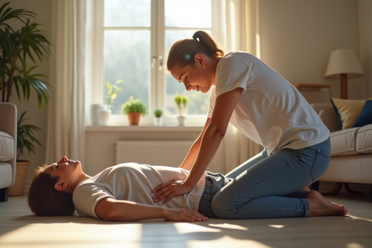 Personne plaçant un proche en position de sécurité dans un salon lumineux