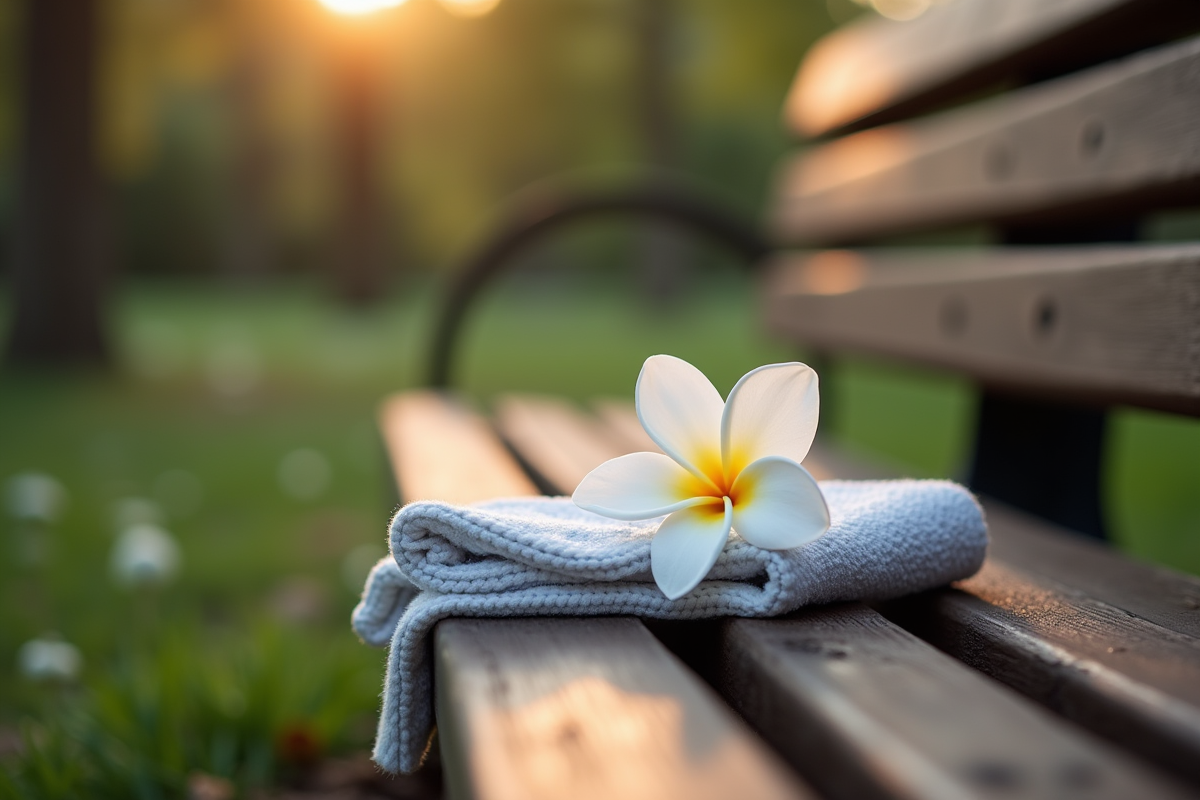 Petite fleur blanche sur un banc dans un parc