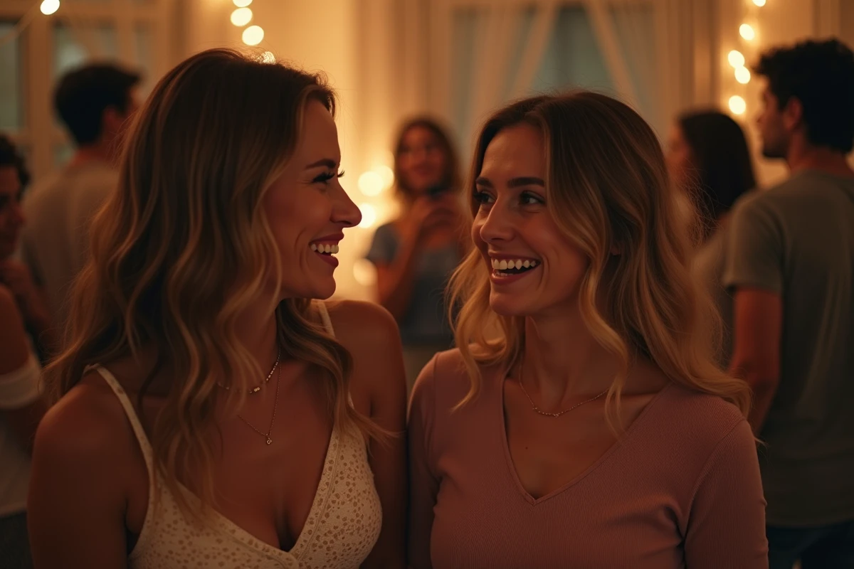 Une femme au sourire forcé lors d'une fête tandis qu'une amie plaisante maladroitement, illustrant la remarque 'moi aussi je suis un peu bipolaire parfois'