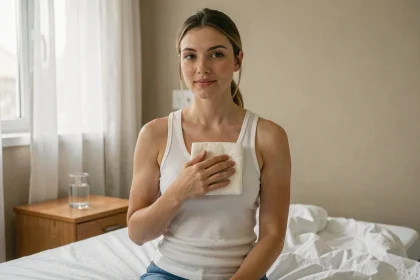 Jeune maman en chambre postpartum appliquant une compresse froide sur sa poitrine pour soulager la montée de lait sans allaitement