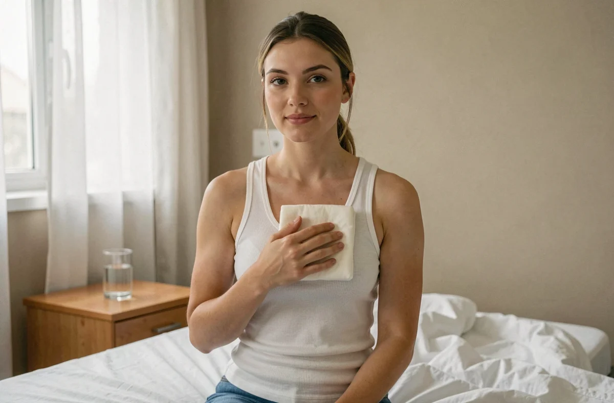 Jeune maman en chambre postpartum appliquant une compresse froide sur sa poitrine pour soulager la montée de lait sans allaitement