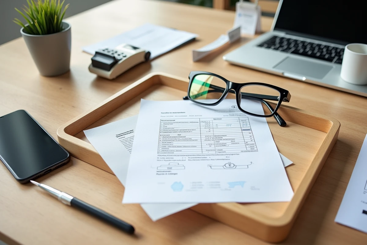 Vue à plat de montures de lunettes à côté d'une ordonnance et d'une calculatrice pour épaisseur de verres