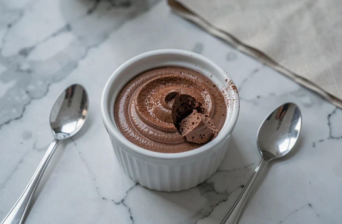 Mousse au chocolat onctueuse dans un ramequin blanc, dessert doux adapté après une extraction dentaire