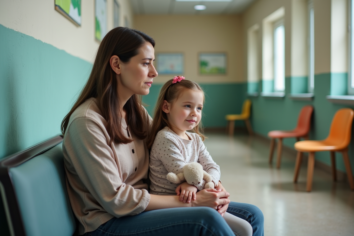 Mère et fille dans un couloir de clinique calme
