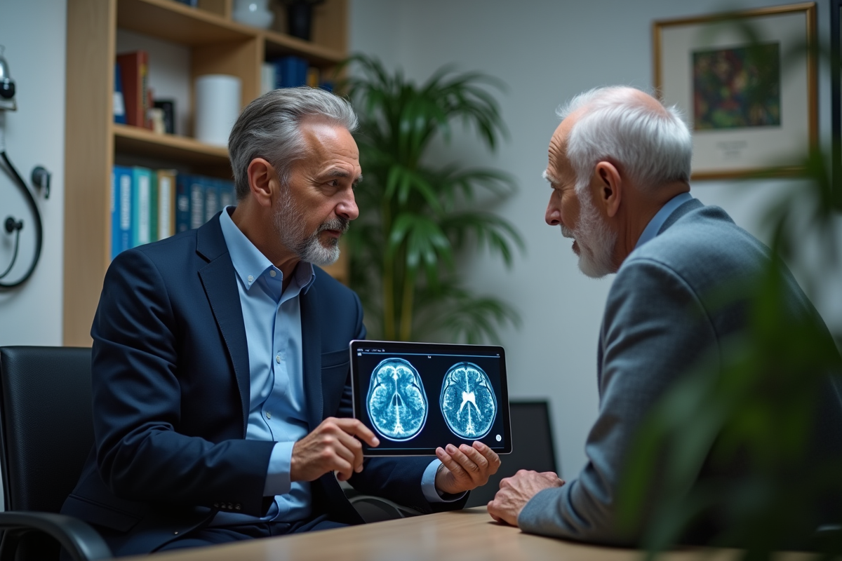 Medecin neurologue montre scan cerveau a un patient