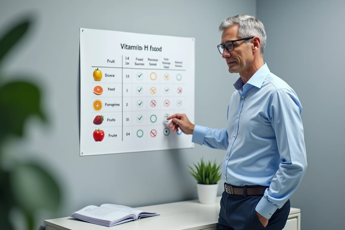Nutritionniste montrant un tableau comparatif des sources de vitamine D, les fruits apparaissant en bas de liste