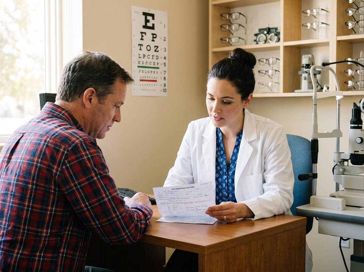 Opticienne expliquant une ordonnance de vue à un patient lors d'une consultation en cabinet d'optique