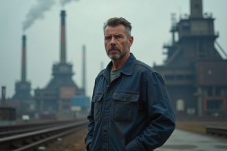Ouvrier industriel devant des cheminées fumantes en extérieur
