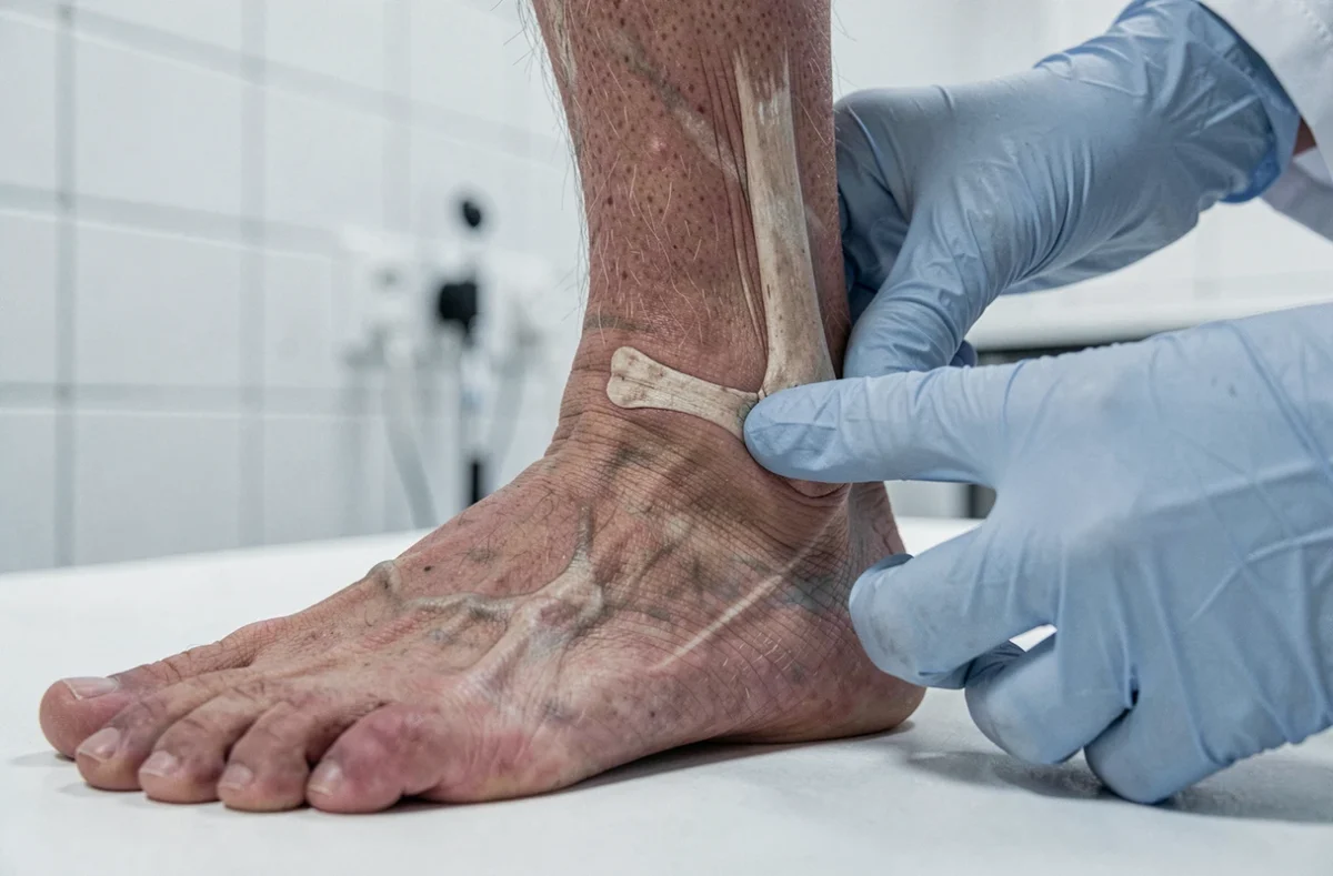 Gros plan sur un professionnel de santé palpant le tendon péronier du bord extérieur d'un pied gauche