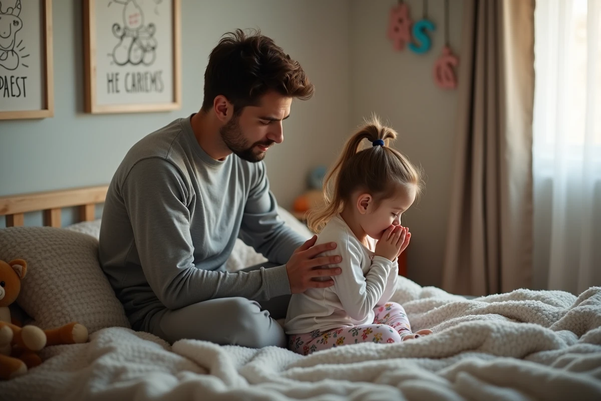 P&egrave;re r&eacute;confortant sa fille qui tousse dans sa chambre