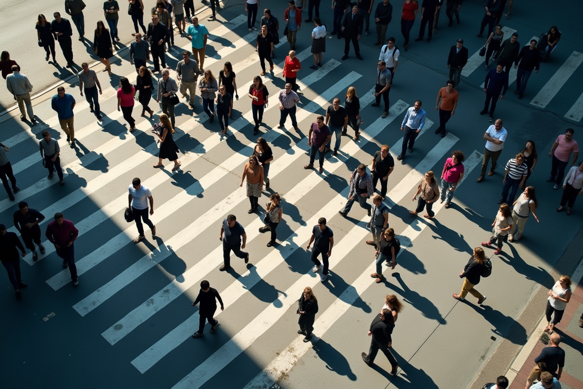 Passants traversant un passage piéton en ville à midi