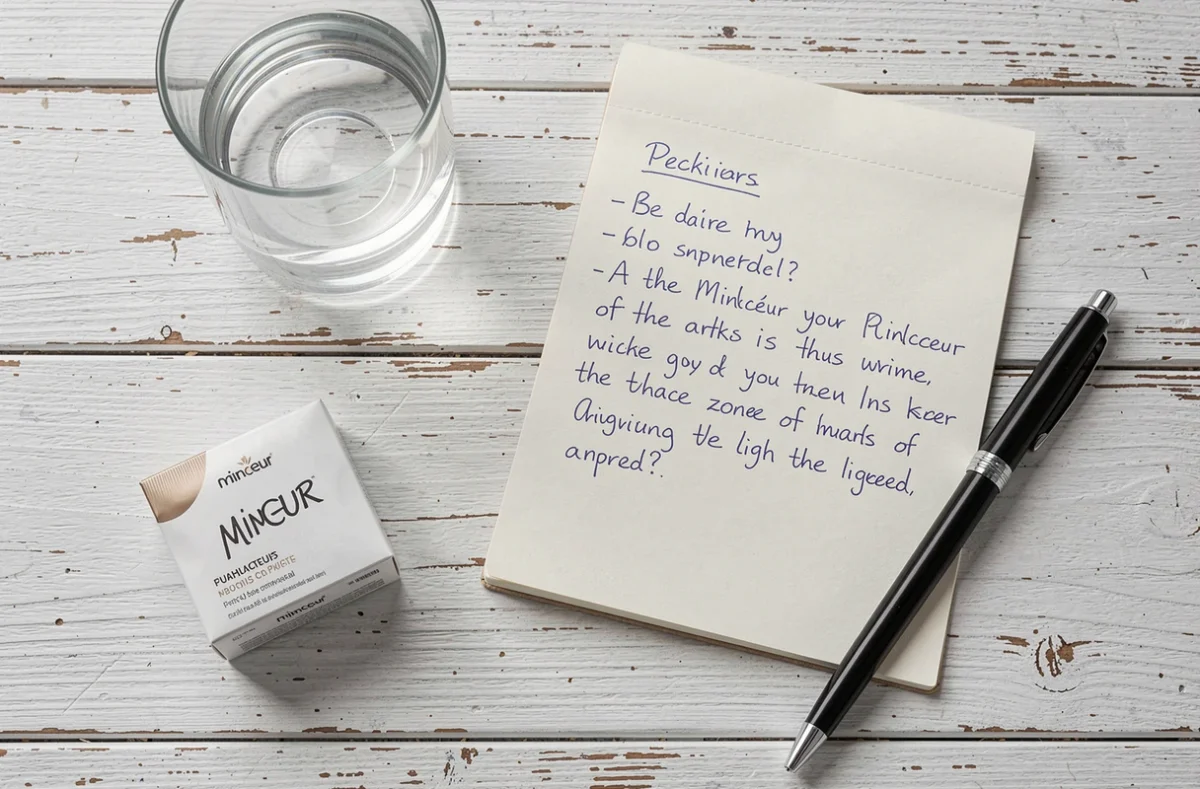 Vue de dessus d'un patch minceur posé sur une table avec un carnet de notes et un verre d'eau, symbolisant la recherche d'avis sur Purisaki