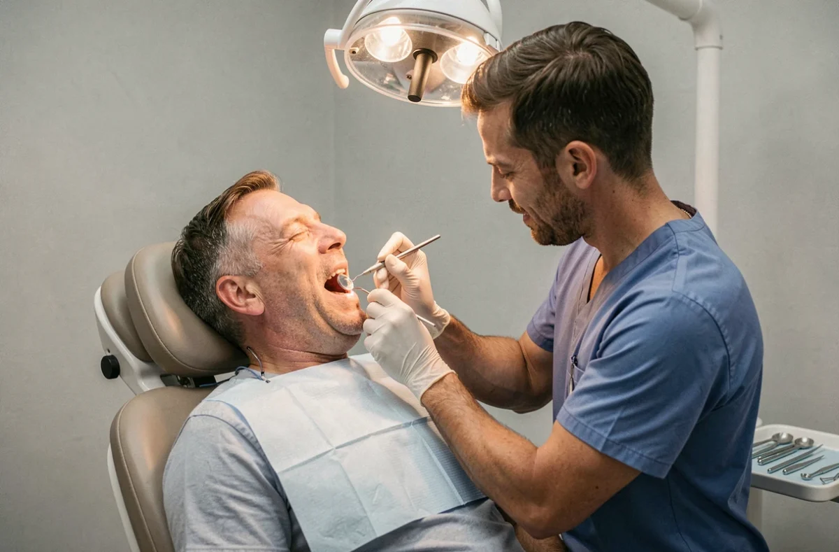 Patient atteint de bruxisme lors d'un examen dentaire avant la pose de dents en résine