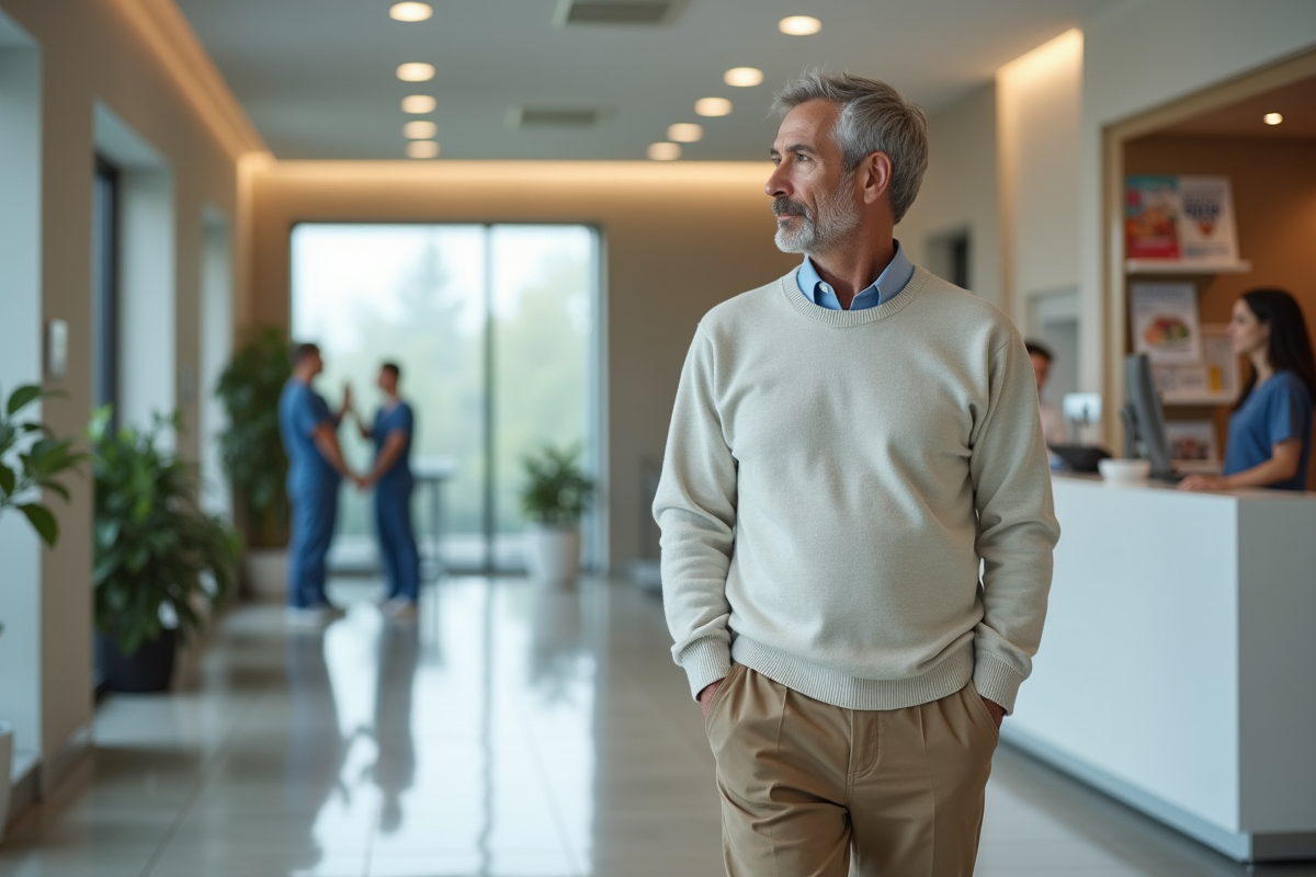 Patient marche dans le lobby d une clinique de thérapie cellulaire