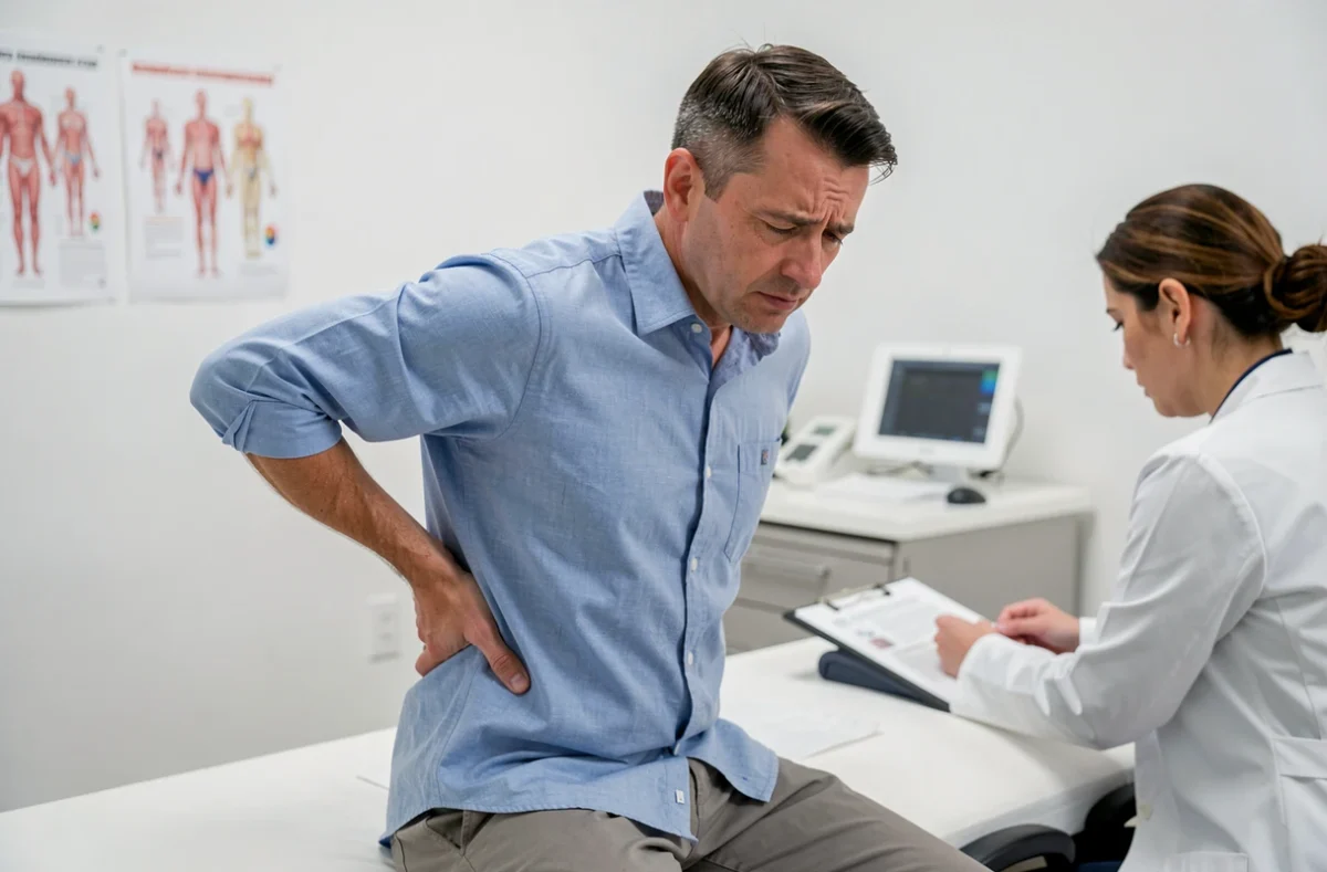 Patient adulte souffrant de douleurs dorsales intenses lors d'une consultation médicale pour un traitement à la cortisone