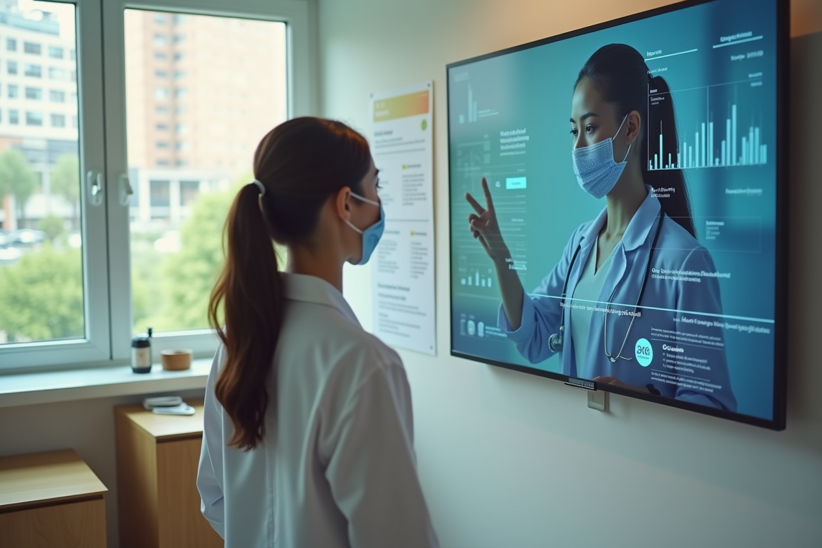 Jeune femme consulte un assistant sante digital dans une clinique