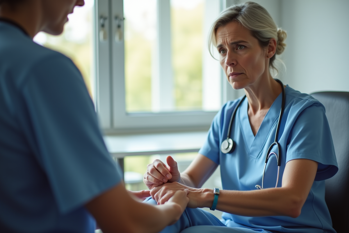 Patient inquiet en consultation avec un médecin dans un cabinet lumineux