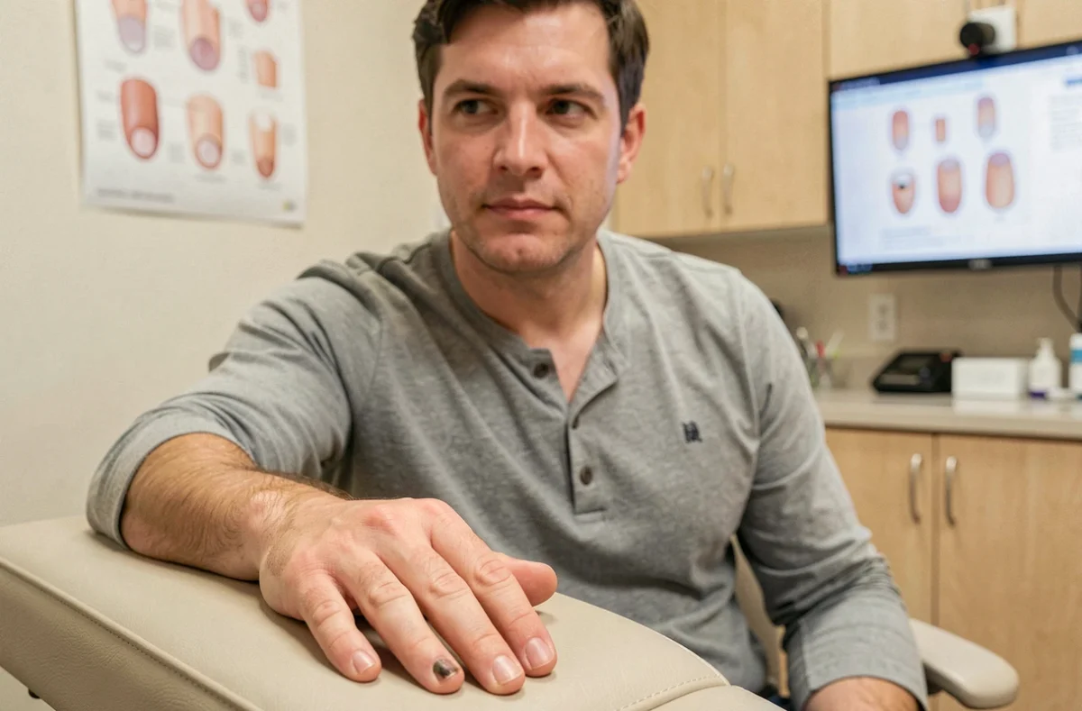 Patient présentant des modifications visuelles des ongles liées à une atteinte de la matrice unguéale