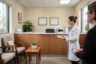 Patient présentant sa carte vitale à l'accueil d'un cabinet médical