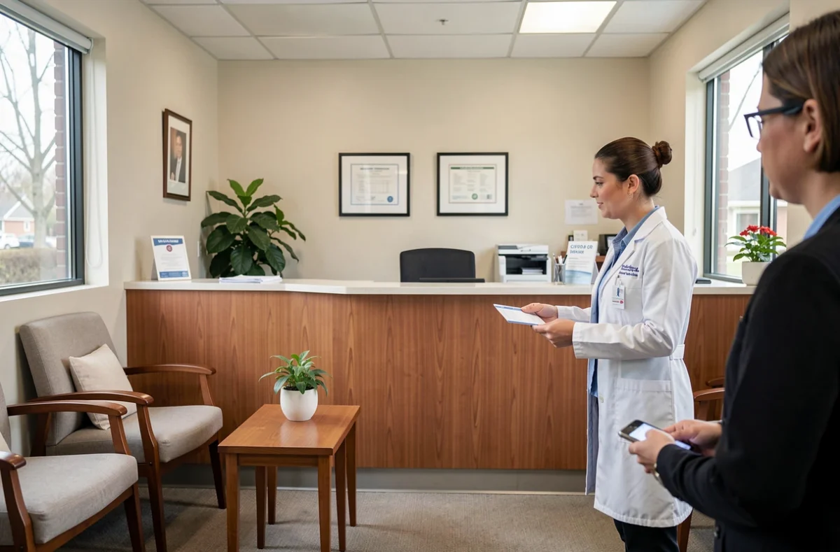 Patient présentant sa carte vitale à l'accueil d'un cabinet médical