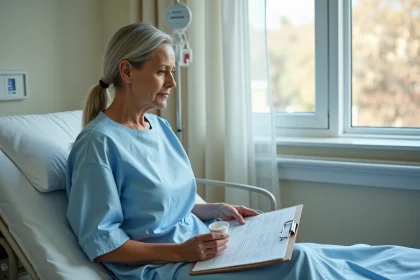 Patiente en convalescence après une opération consultant un calendrier de prise de médicaments incluant ibuprofène et tramadol
