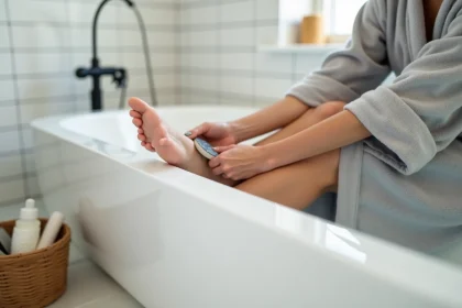 Femme appliquant une pierre ponce sur son talon pour éliminer la corne des pieds lors d'une pédicure maison dans une salle de bain moderne
