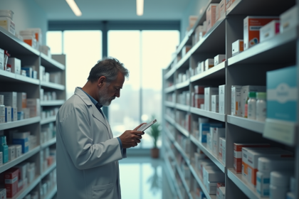 Personne inquiète lisant une boîte de médicaments en pharmacie